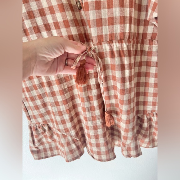 Aakaa Brown Gingham ¾ Sleeve Tie Waist Ruffle Shorts Cotton Romper Size Medium - Picture 8 of 12
